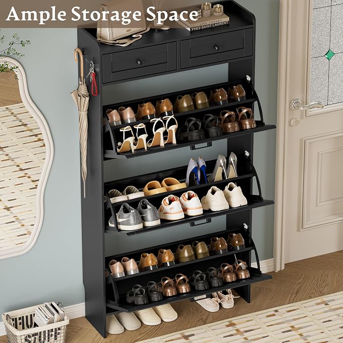 BORNOON Shoe Storage Cabinet for Entryway, Farmhouse Narrow Shoe Cabinet with 3 Flip Drawers & 2 Top Drawers, Adjustable Shelves & Hooks, Freestanding Hidden Rack Organizer for Hallway, Foyer