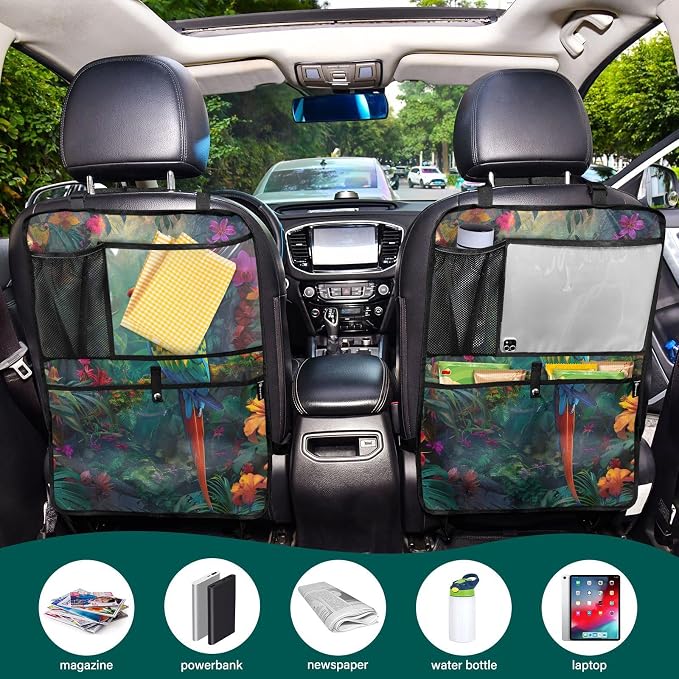 JIPONI Car Backseat Organizer, Parrot Macaw Tropical Automotive Back Seat Protector, Kick Mats with Storage Pockets for Kids Pets, Road Trip Accessories