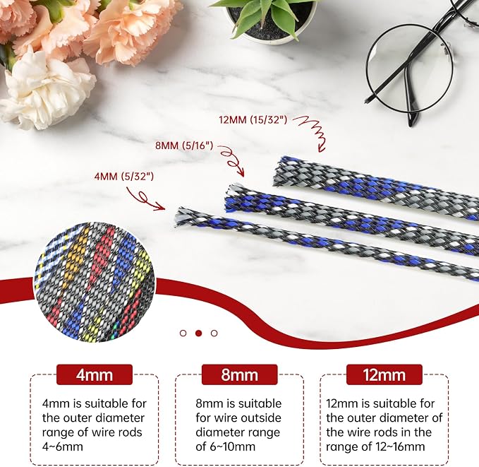 New Braid Sleeve,PP Cotton PET Braided Sleeve Tube Soft Wire Wrap Insulated Cable Protection Line Harness Sheath Daily Household Wire Management (Red Blue Green, 4mm (5/32")-19ft)