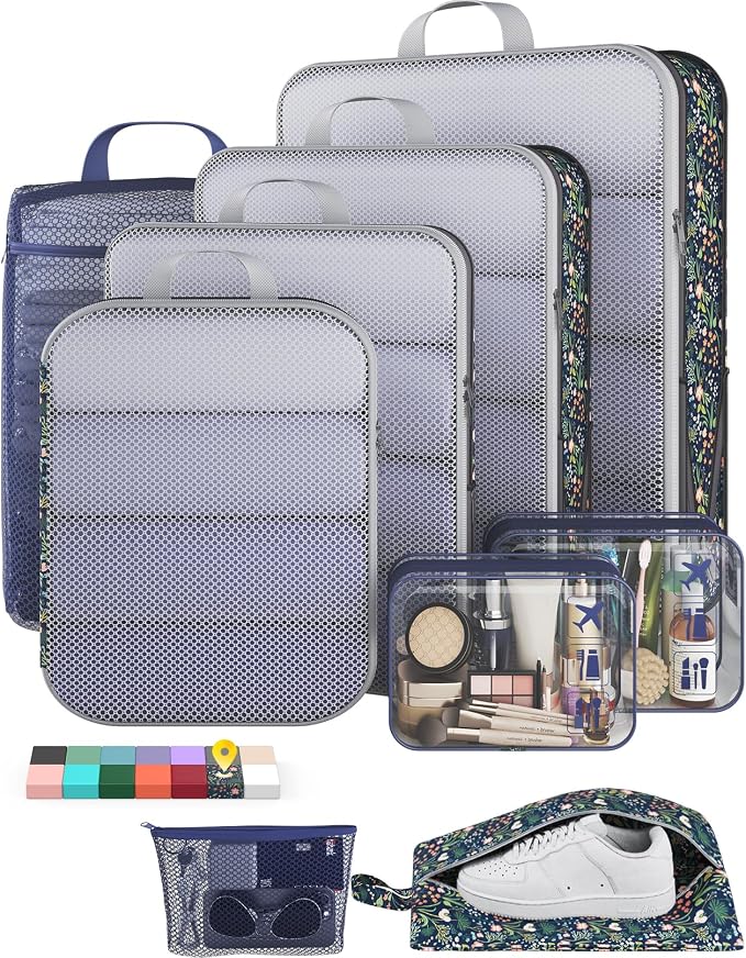 Veken 9/11 Set Compression Packing Cubes Garment Bags for Travel Essentials,Compressible Expandable Luggage Organizer Bags,Space Saver Bags with Over 1000 pcs of Mesh Holes(Dark Blue Floral)