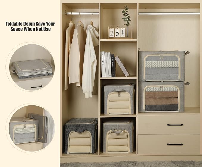 3 Openings Large Clothes Storage Bins with Metal Frame, Foldable Storage Bin for Clothes, Clothing Storage Bins with Lid, Linen Storage Box With Clear Window＆ Zippers＆ Handles.(3 Pcs,Light Grey,66L)