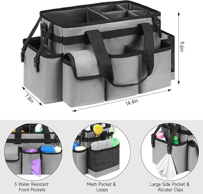 Cleaning Caddy,Cleaning Bag for Housekeepers,Cleaning Supplies Organizer with Handle,Gray