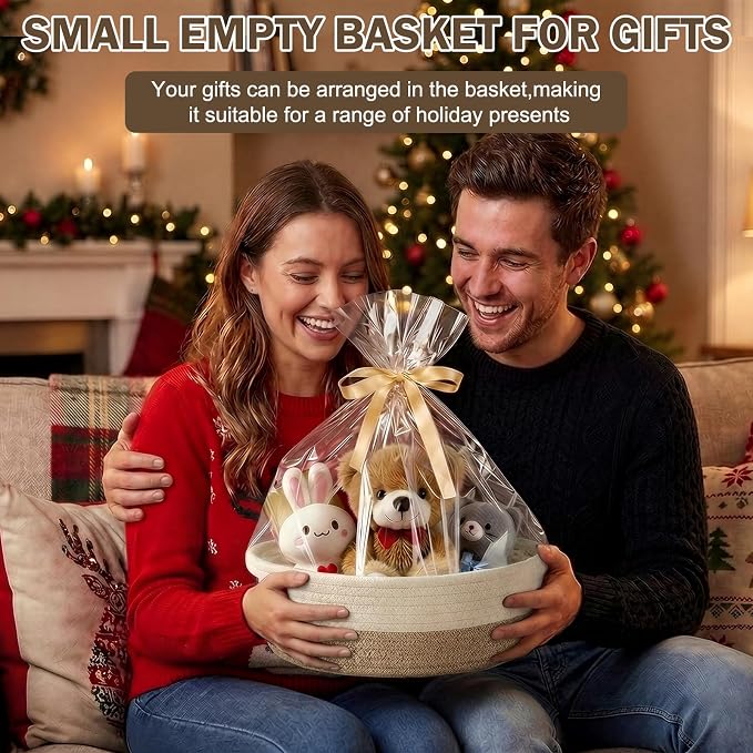 Basket for Gifts Empty, Small Woven Basket with Bags and Ribbons, Baby Toy Baskets with Handles, Wicker Storage Bin for Baby Showers or Pet Toy (White & Brown, 1 Pack (12"x 8"x 3.74"))