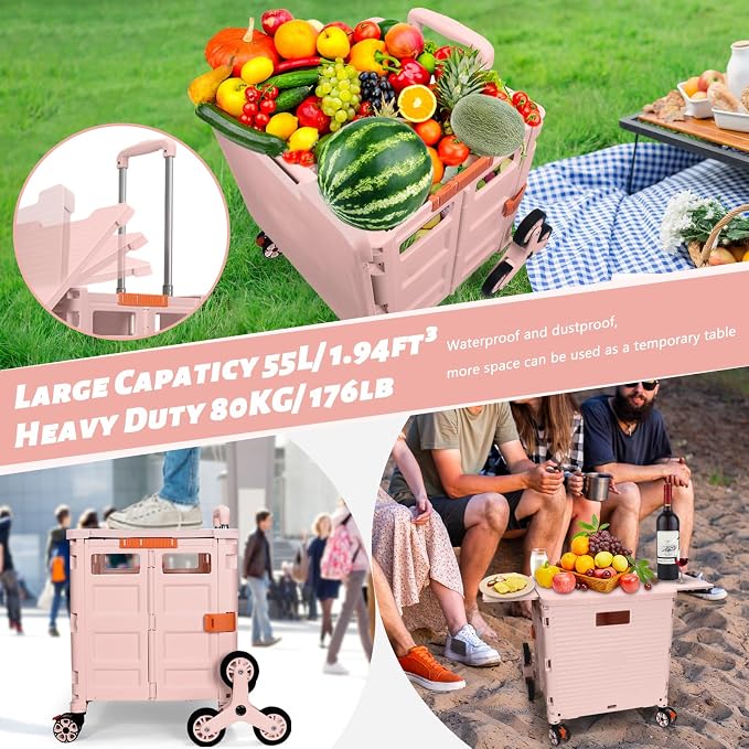 Foldable Utility Cart Collapsible Portable Crate Rolling Carts with Stair Climbing Wheels Tote Basket with Magnetic Lid Telescopic Cover Wear-Resistant 360°Rotate Wheel Noiseless for Shopping Office