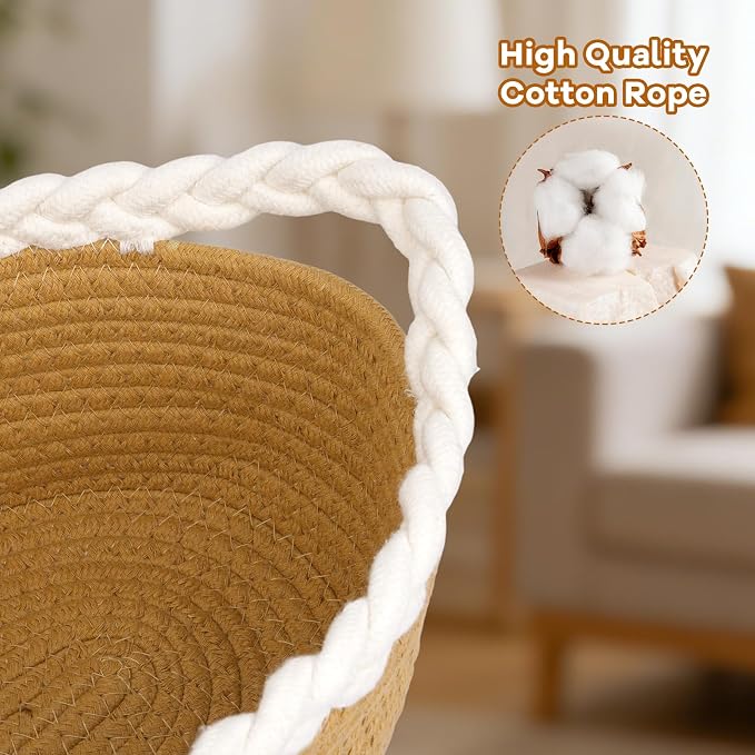 Small Storage Basket, Braided Cotton Rope Basket with Handles - Jute Color Boho Organizer for Bathroom, Nursery & Living Room, Gift & Home Decor (11"x7"x4.7")