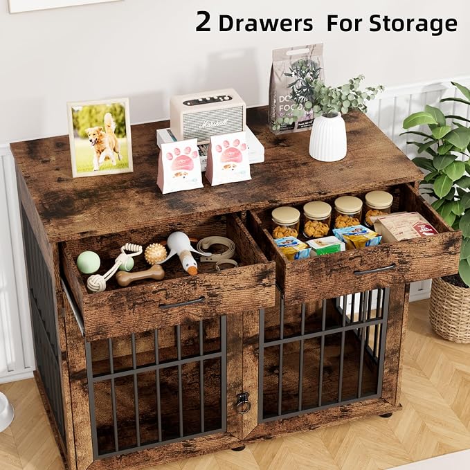 VOWNER 43.3" Large Dog Crate Furniture with 2 Drawers, Brown | Wooden Dog Kennel Furniture End Table with 3 Doors, XL Dog Kennel Indoor with Storage, Dog Cage TV Stand for Large Medium Dog