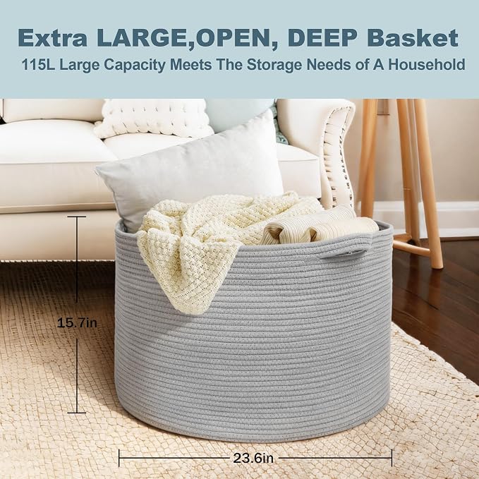 115L Super Large Gray Blanket Basket, 23.6"x15.7" Woven Cotton Rope Storage Basket for Laundry, Towel, Pillow, Oversized Kids Dog Toy Storage Bin, Grey XXXL Blanket Holder for Living Room