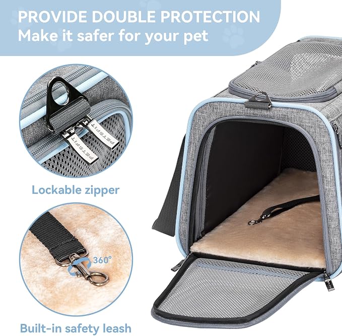Petsfit Small Expandable Cat Carrier for Air Travel, Up to 9 lb | 16 x 10 x 9 in; sized for Alaska Airlines, with locking zippers, an interior safety tether and multi-side ventilation.