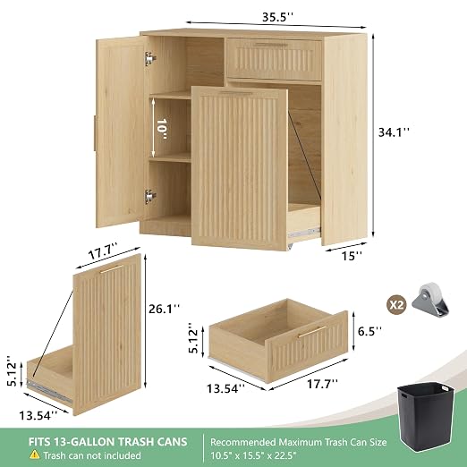 Single 13 Gallon Pull Out Trash Can Cabinet with Storage Cabinet,Natural | Pet Proof Hidden Garbage Can Cabinet,3-Tier Shelves,Fluted Design,Extra Drawer Space,Kitchen & Dining Room Organization