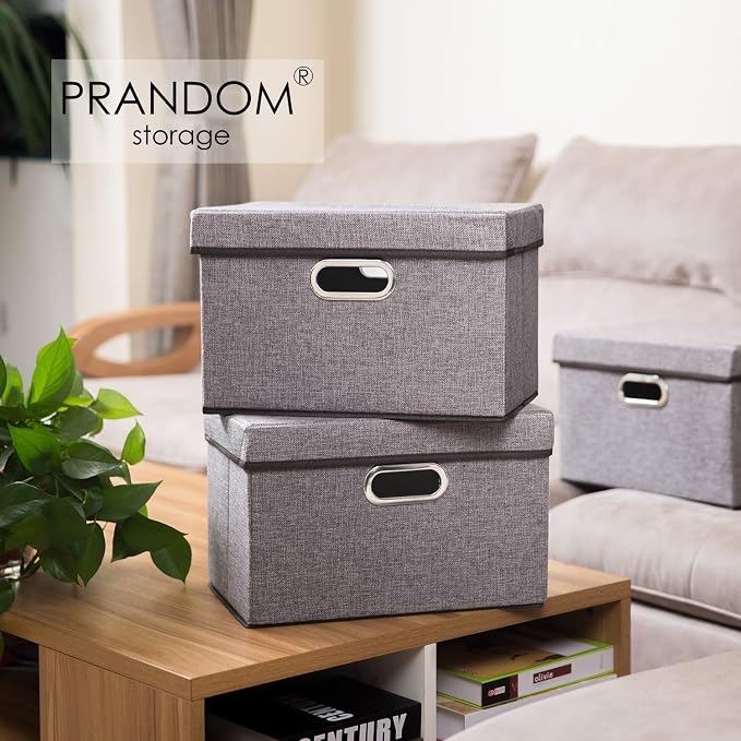 Collapsible Storage Containers with Lids [5-Pack] Linen Fabric Foldable Storage Bins Boxes Organizer Baskets Cube with Cover for Home Bedroom Closet Office Nursery (14.9x9.8x9.8)
