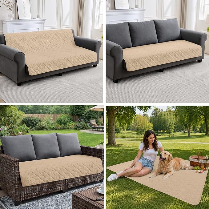 PAWFINITY Waterproof Couch Covers for Dogs, Pet Blanket for Sofa Washable | Paw Print Quilted, Hair Resistant, Anti Cat Scratch, Pee Proof Furniture Protector for 3 Seat Sofa and Bed, 30x80 Inch, Beige