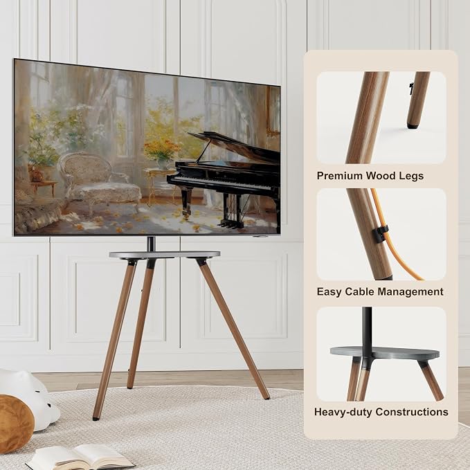 Tripod TV Stand for 43-65" TVs, Swivel, Black Walnut | Height-adjustable easel TV stand, wood media shelf, cable management and VESA up to 400x400