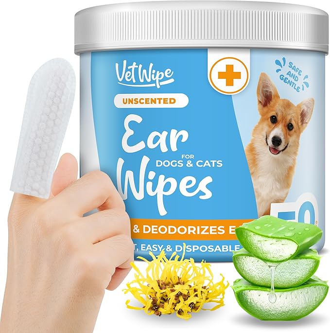 Dog Ear Cleaner Wipes - Finger Ear Wipes for Dogs & Cats with Otic Cleaning Solution, Sooths and Deodorizes. Pet Ear Relief - 50 Count, White