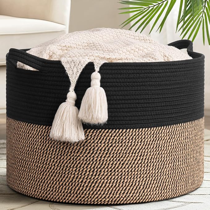 Goodpick 65L Large Cotton Rope Kids Toy Storage Basket for Playroom | 19.7 x 19.7 x 12.6 In Woven Basket for Storage, Kids Toy Storage for Playroom, Laundry Basket for Towels, Black & Mix Jute