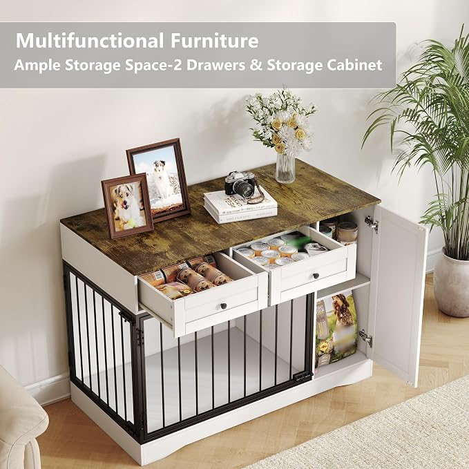 Garvee 47" Farmhouse White Dog Crate Furniture Modern Dog Kennel End Table | with Double Doors, 2 Drawers & Storage Cabinet End Table, TV Stand & Buffet Cabinet for Pet Small Medium Dogs
