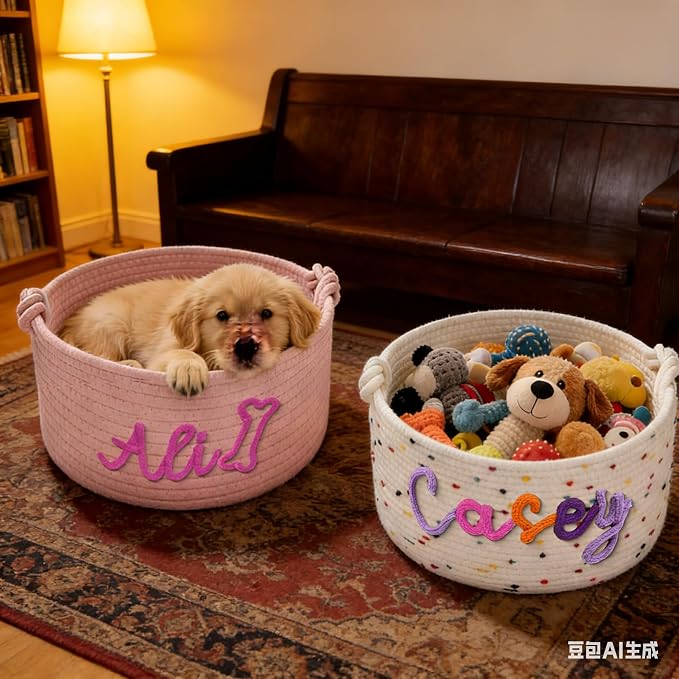 Custom Woven Dog Basket Personalized Name Multi-Use for Dog Toys, Treats & Laundry Customized Durable Handwoven Cotton Rope Pet Storage Organizer, Cat Room Decor, Gift for Dog Lovers