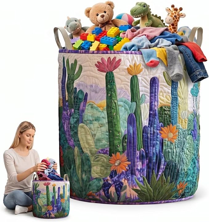 Quilted Laundry Basket with Handles, Boho Floral Fabric Storage Hamper, Large Soft Storage Hamper for Bedroom, Laundry Room, Clothes(16" x 22")