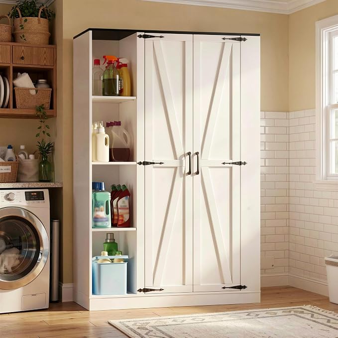 Broom Closet Storage Cabinet, 63" H Wooden Vacuum Storage Cabinet, Utility Closet with 2 Doors, Cleaning Tool Organizer with 6 Shelfs and 5 Pack Broom Holder, 63" H×35.4" W×15.7" D,White
