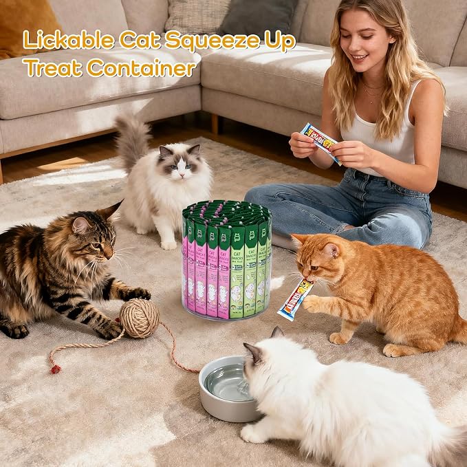 Lickable Cat Treats Organizer, Lazy Susan Acrylic Squeeze Up Cat Treats Storage Organizer with 4 Compartments, Wet Cat Treats Storage for Kitchen Cabinet Pantry Shelf Countertop