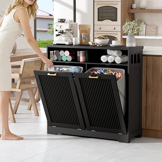 13 Gallon Double Tilt Out Trash Can Cabinet with Open Shelf & Storage - Pet Proof Hidden Recycling Cabinet & Wooden Laundry Hamper for Kitchen, Bathroom, Living Room, Black