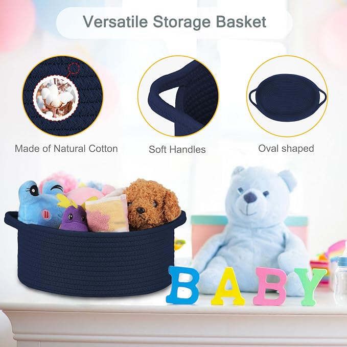 COMSE Empty Small Gift Basket with Bag & Ribbons, Navy Blue | Cotton Rope, 12"x 8"x 5", Baby Toy Organizer, Stores Small Items for Bedrooms, Nurseries, Bathrooms, Living Rooms, Offices