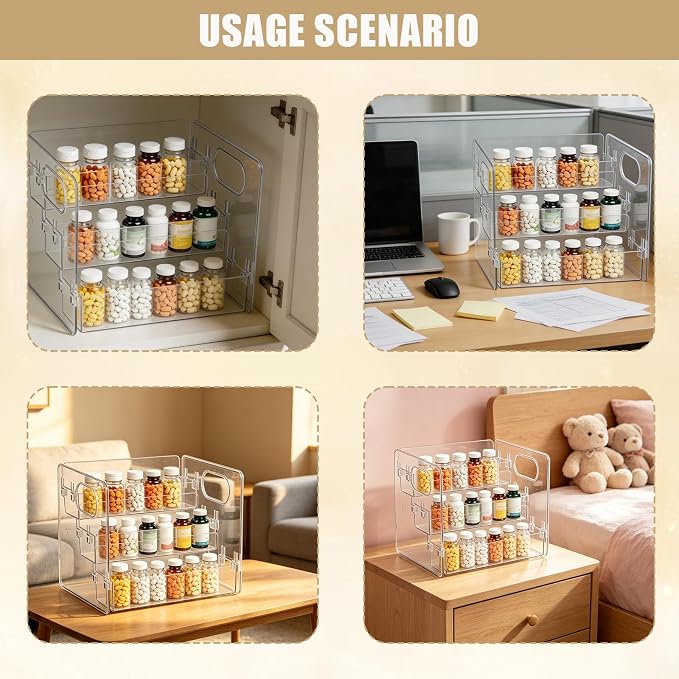3-Tier Vitamin Storage Organizer with 7-Day Pill Box, Holder for Vitamin Bottles & Medicine Bottle,Supplement Rack for Cabinet Countertop Bathroom Kitchen Pantry, Includes Weekly Pill Organizer