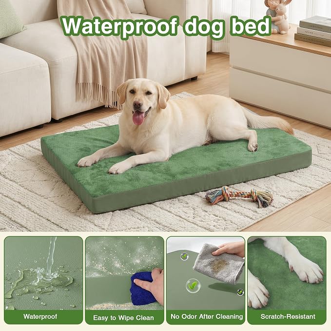 Waterproof Extra Large Dog Bed Washable Outdoor Orthopedic XL Crate Pad 42" | Reversible Wipeable Faux Leather & Soft Flannel, Durable Foam Pet Bed, Removable Cover,Anti-Slip Kennel Pad 41"x27" Green