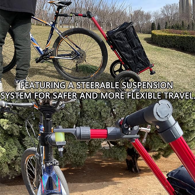 Bike Trailer Hitch for Wagon Camping Rolling Cart Collapsible Wagon with 360° Swivel Joint & Shock Absorber, Quick-Release Clamps for Folding Wagons, Pet Carts & Garden Trailers
