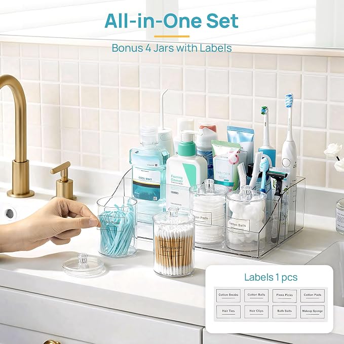 Vtopmart 5 PCS Bathroom Countertop Organizer Sets | 1 Divided Tray, 4 Qtip Holder Jars, Clear, For Toothbrush, Cotton Pads, for bathroom countertop