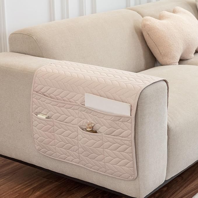 Arm Rest Covers for Sofa with 6 Pockets for Magazine Remote Control Couch Arm Covers Decorate Furniture Ant-Slip Armrest Organizer(Apricot)