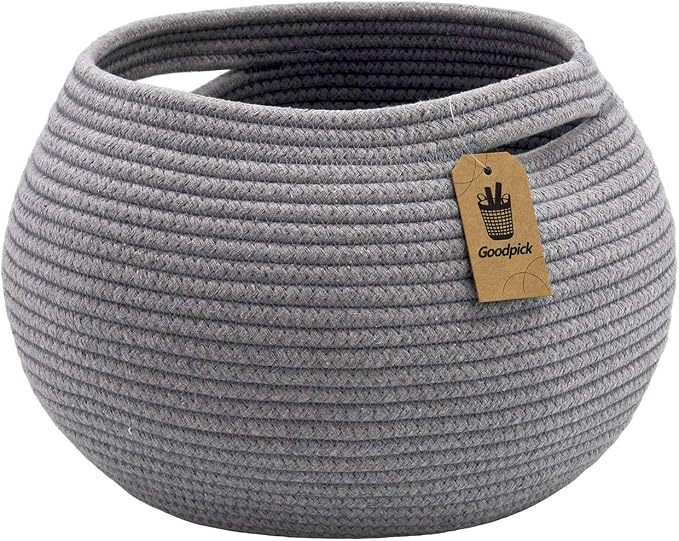 Goodpick Round Woven Rope Storage Basket for Shelves, 10" x 8.3", Grey | Decotative Small Basket for Toy Storage, Baby Gift Basket with Handles, Fits Bedroom & Nursery Décor, Plant Baskets