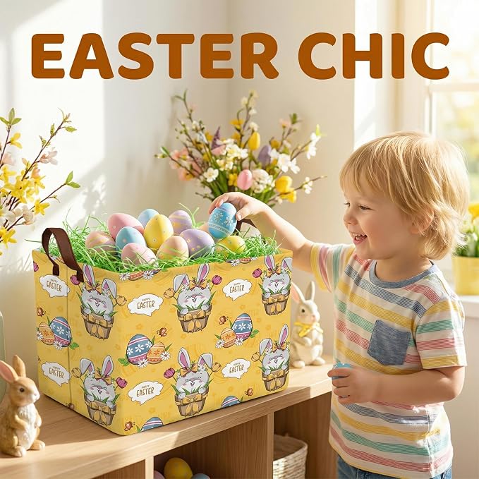 Large Cute Easter Basket for Kid Empty Gift Baby Rectangle Storage Bin Bunny Eggs Boy＆Girl Room Décor (Tulip Rabbit Yellow)