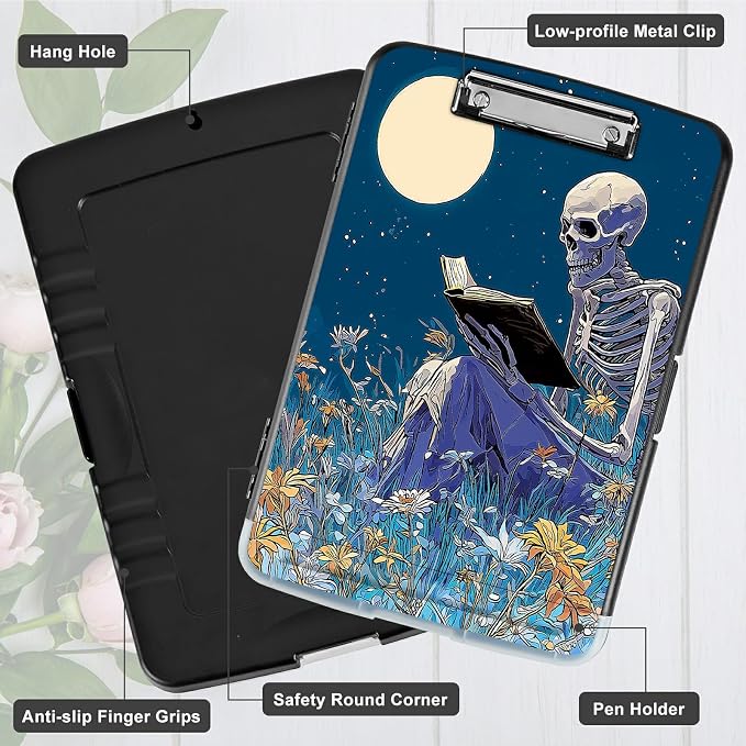 A4 Clipboard with Storage Pen Holder, Clipboards Organizer Nursing Clipboard Foldable File Folder Plastic Clipboard Folio Clip Board for Office Work Classroom Doctor, Book Skull Flower