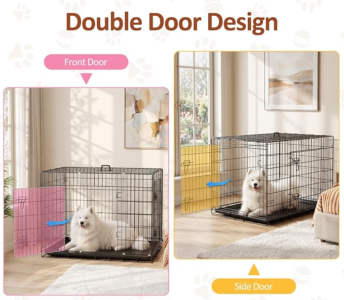 42-Inch Crate for Large Breeds, Double Door Folding Dog Crate, Secure Latch | Durable Metal Wire Cage with Plastic Leak-Proof Pan Tray, Handle, Folding Metal Wire Pet Kennel for Indoor, Outdoor, Travel