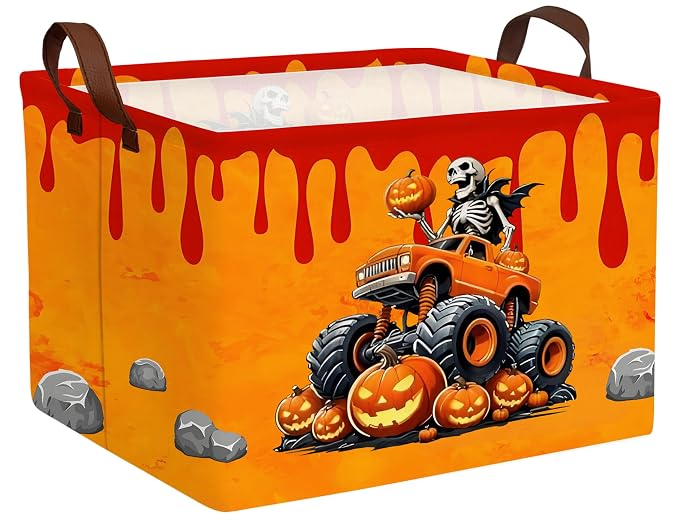 Large Halloween Themed Candy Gift Boo Basket for Kids Baby Personalized Adults Storage Bin Fall Decor(Skeleton Monster Truck)