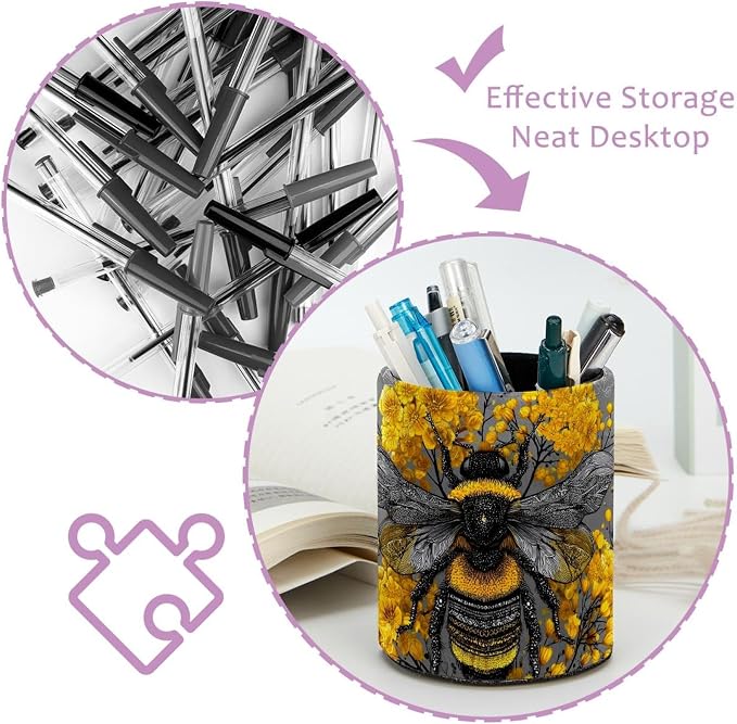 Faux Leather Pen Holder for Desk, Pencil Organizer Retro Bee Pen Cup Desk Decor Makeup Brush Holder Storage for Office Home