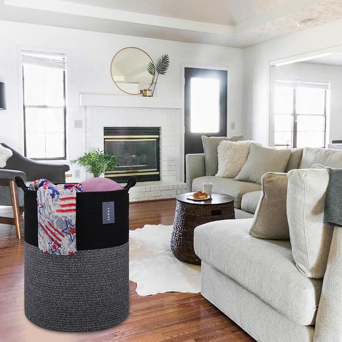 COMSE Tall Woven Blanket & Laundry Basket, 72L, Black | 15.7”x 21.7”, Cotton Rope, Large Nursery Hamper for Storage of Toys Clothes Towels, Great for Living Rooms Bedrooms Bathrooms
