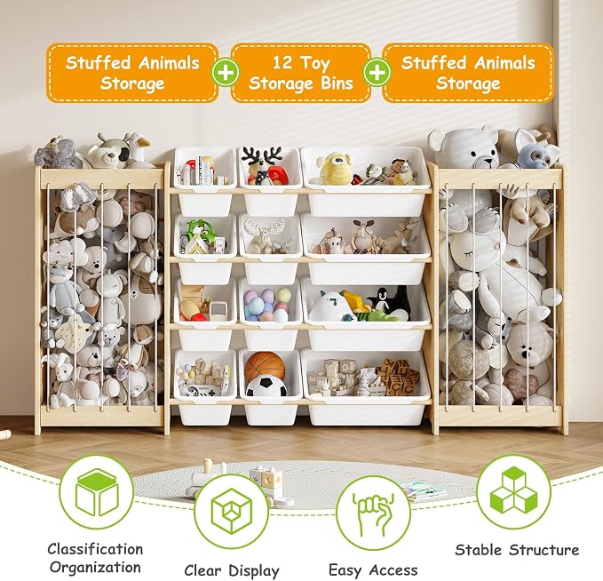 EXPERLAM Large Toy Storage Organizer, Wooden Stuffed Animal Storage & 12-Bins Toy Organizer, Double-Sided Plush Toy Holder Featuring Thicker Ropes, Space Save Playroom Nursery Bedroom Storage, White
