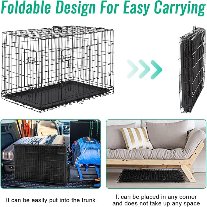 FDW Dog Crate for Large Dogs 42 Inch Folding Metal WirePet Cage Double Door W/Divider Panel Indoor Outdoor Kennel Leak-Proof Plastic Tray,Black | Heavy Duty, Portable Wire Kennel with Double Door, Divider & Leak-Proof Tray | For Training, Home, Travel ...
