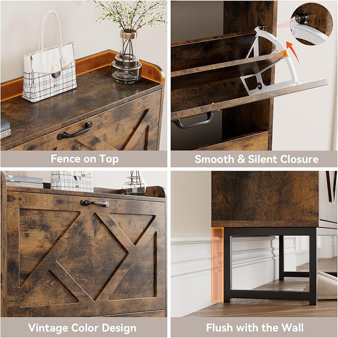 Shoe Storage Cabinet with 2 Flip Drawers, Freestanding Wood Shoe Organizer with Metal Legs, Farmhouse Slim Shoe Rack for Entryway, Foyer, Hallway, Rustic Brown