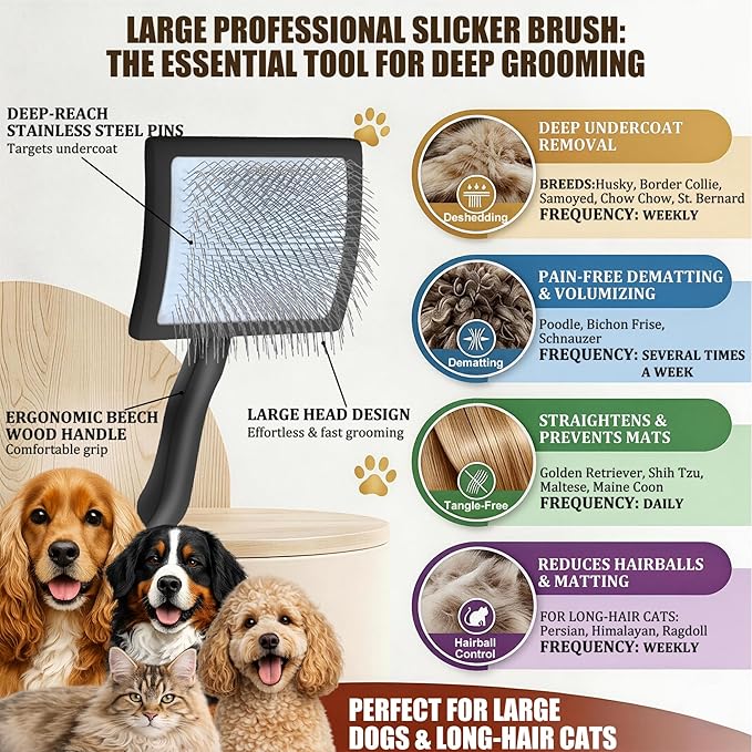 Slicker Brush for Dogs, Large Long Pin Dog Grooming Brush for Doodles Goldendoodles Poodles Labradoodle Bernedoodles, 3 Pcs Wooden Handle for Mats Tangles - Black