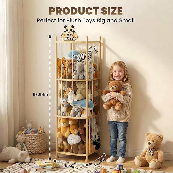 Stuffed Animal Storage Organizer, Wooden Toy Storage Organizer & Plush Storage Tower with Elastic Cords, Stuffed Animal Zoo for Kids Bedroom, Playroom & Nursery, Solid Pine, 15.7 x 15.7 x 53.5 In
