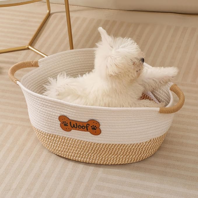 Dog Toy Basket, Dog Toy Box Organizer Baskets, Woven Cotton Rope Pet Puppy Dogs Toy Bin With Handle, Chew Toys Blankets Leashes Storage Baskets for All Pets - Puppies to Large 14" L x 10.2" W x H 7.9"