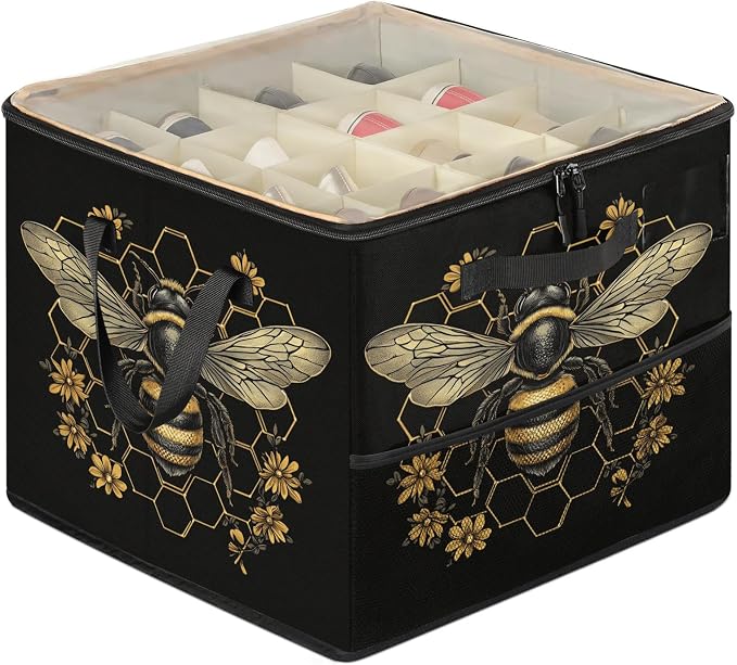 TropicalLife Bee Honeycomb Shoe Organizer for Closet | Vintage Golden Flower Foldable Shoe Storage Organizer Box Bin with Adjustable Dividers & Clear Cover, Fits up to 16-32 Pairs
