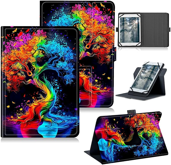 Universal Case for T-Mobile Revvl Tab 2 10.1" Model:9185W 2025/Revvl Tab 5G 10.36" 2023, 360 Degree Rotating Kickstand Protective Stand Leather Shell Cover for 9"-10.5", Red Blue Tree