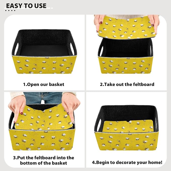 Emelivor Bees Yellow Storage Basket Bins Set (2pcs) Felt Foldable Storage Bins with Fabric Rectangle Basket for Organizing for Pet Books Clothes Closet Cabinet Organise