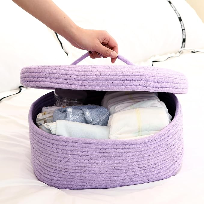 Sea Team Oval Storage Basket, Woven Cotton Rope Basket with Lid, Lavender | Decorative Knitted Storage Bin, Multi-Purpose Lidded Organizer for Closet Shelves, Nursery and Household Storage