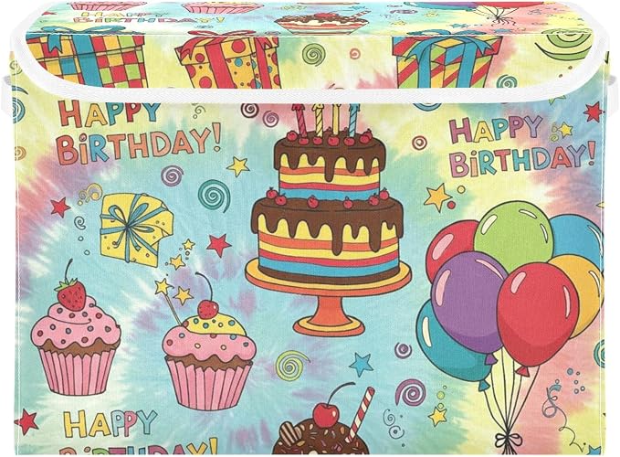 Fabric Storage Bins with Lid Birthday Cake Closet Storage Basket 40L | Decorative Storage Boxes, Foldable & Stackable, Dust-Proof Flip Top, Reinforced Handles, For Home & Dorm, Clothes & Toy Box