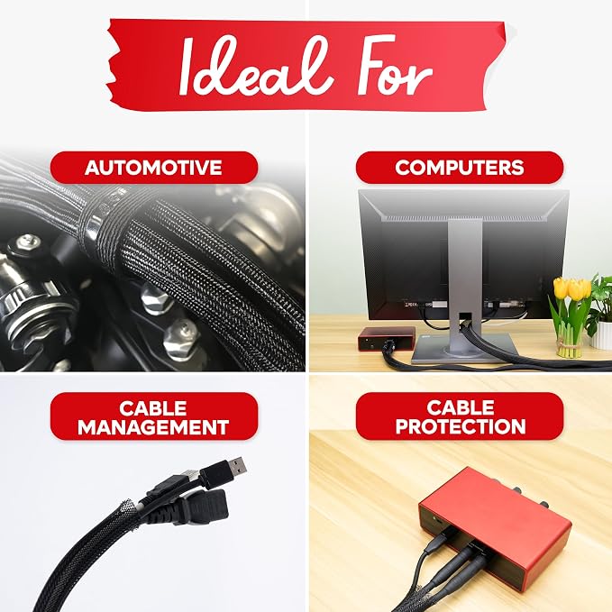 XFasten Cord Protector 3/4 Inch 25ft - PET Expandable Braided Cable Sleeve - Pet Chew Proof Wire Loom for Audio, Video, PC, TV, Automotive Wire Management, Puppy, Cat Proof Black Cable Wrap for Cords