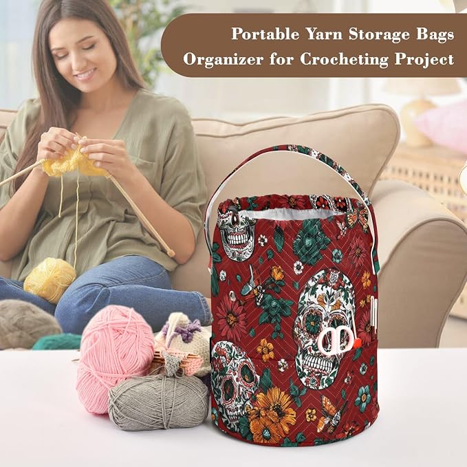 Tatenale Crochet Bag Yarn Bag Knitting Project Bag with Pockets and Handle Portable Yarn Storage Organizer Tangle Free 8.3x11 InchRed Meixcan Flag Skull03